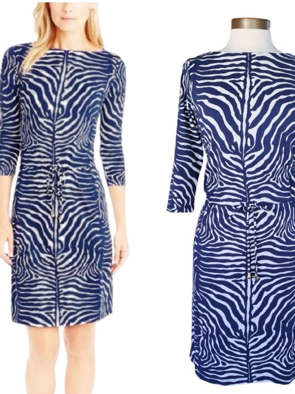 J McLaughlin Navy Zebra Print Tie-Waist Dress 3/4 sleeve nylon blend size small